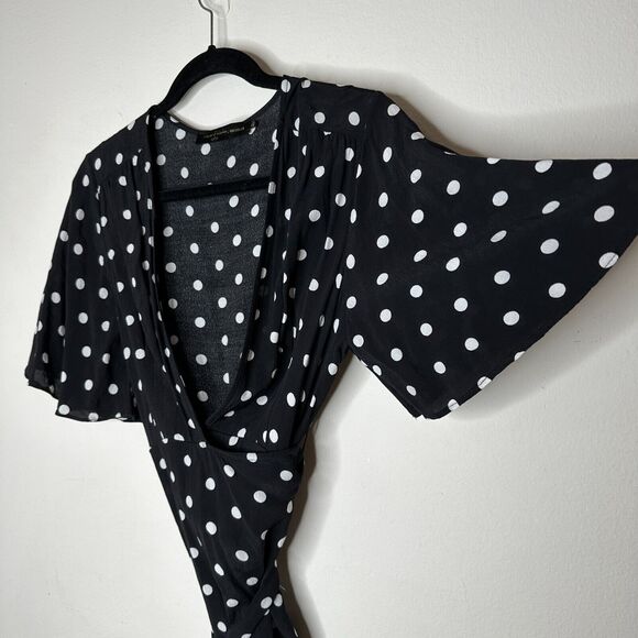 House of Harlow Black White Polka Dot Harper Wrap Mini V-neck Short Sleeve Tie L - Picture 4 of 16